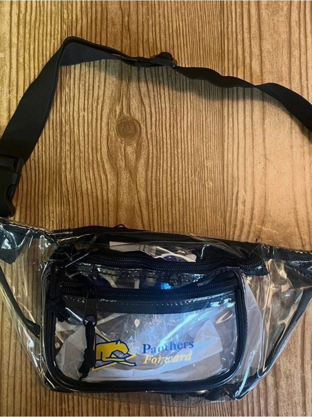 Panthers Forward Clear Black Trim Waist Bag with sunglasses inside NEW